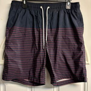 Lands' End Men's Dark Blue and Red Striped Board Shorts
